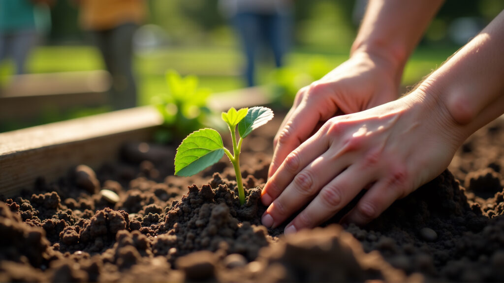Close Up: Hands Planting Seedling Labeled "Social Enterprise" in Community Garden Plot